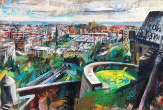 East end of Princes St from The Castle.80x60cm.Mixed media on wood.Sold.