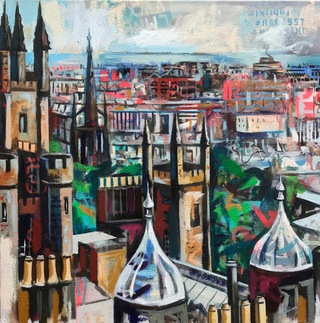 Princes St from Camera Obscura. 50x50cm.Mixed media on canvas.Commissioned.