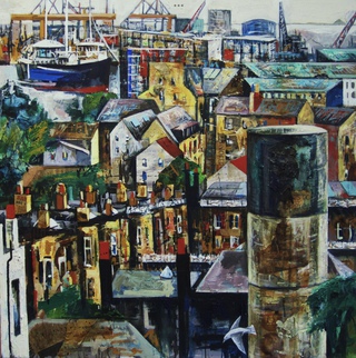 Leith docks from Trinity High.90x90cm.Mixed media on canvas.Sold