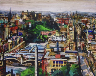 Princes St east end from Calton Hill.50x40cm.Mixed media on canvas.Sold.