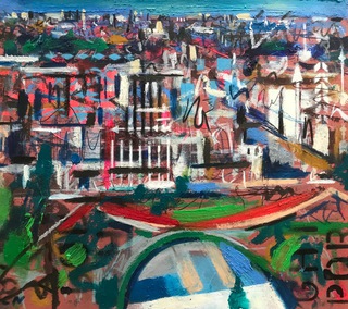 Princes St from The Castle.22x20cm.Mixed media on paper.