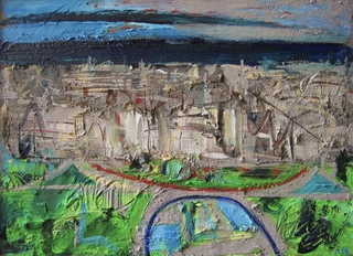 Princes St from The Castle.50x40cm.Mixed media on wood.Sold
