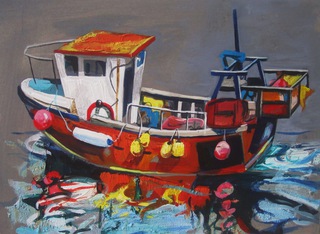 Orange boat ,Dunbar.40x30cm.Acrylic on wood.Sold.