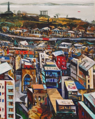 Calton hill from The Crags.50x40cm.Mixed media on canvas.