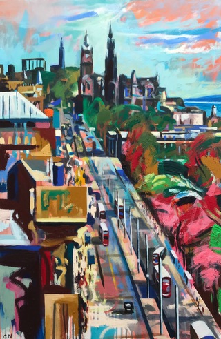 Princes St from roof of Johny Walker.Acrylic and oil on canvas.90x60cm.Sold.