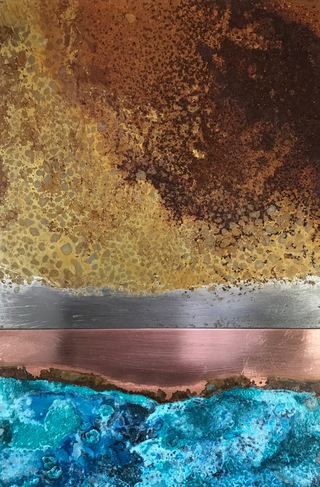 Skapa Flow,Orkney,evening.Treated steel and copper with resin.30x20cm.Sold.